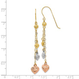 14k Tri-Color Gold Dangle Earrings with Textured Puff Heart Charms for Women