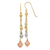 14k Tri-Color Gold Dangle Earrings with Textured Puff Heart Charms for Women