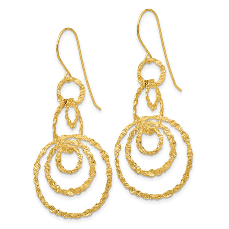 14k Yellow Gold Dangle Earrings with Textured Concentric Circles and Hammered Finish