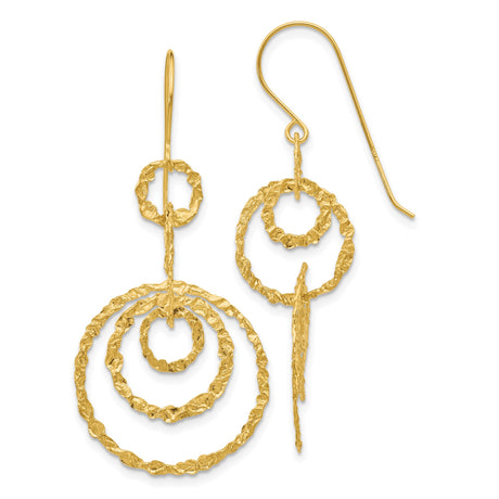 14k Yellow Gold Dangle Earrings with Textured Concentric Circles and Hammered Finish