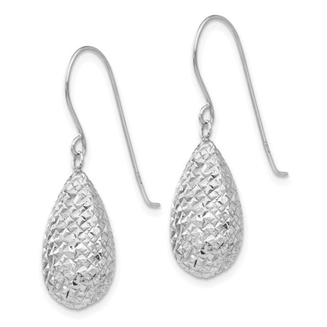 14k White Gold Teardrop Dangle Earrings with Diamond-Cut Texture and Polished Drop Design