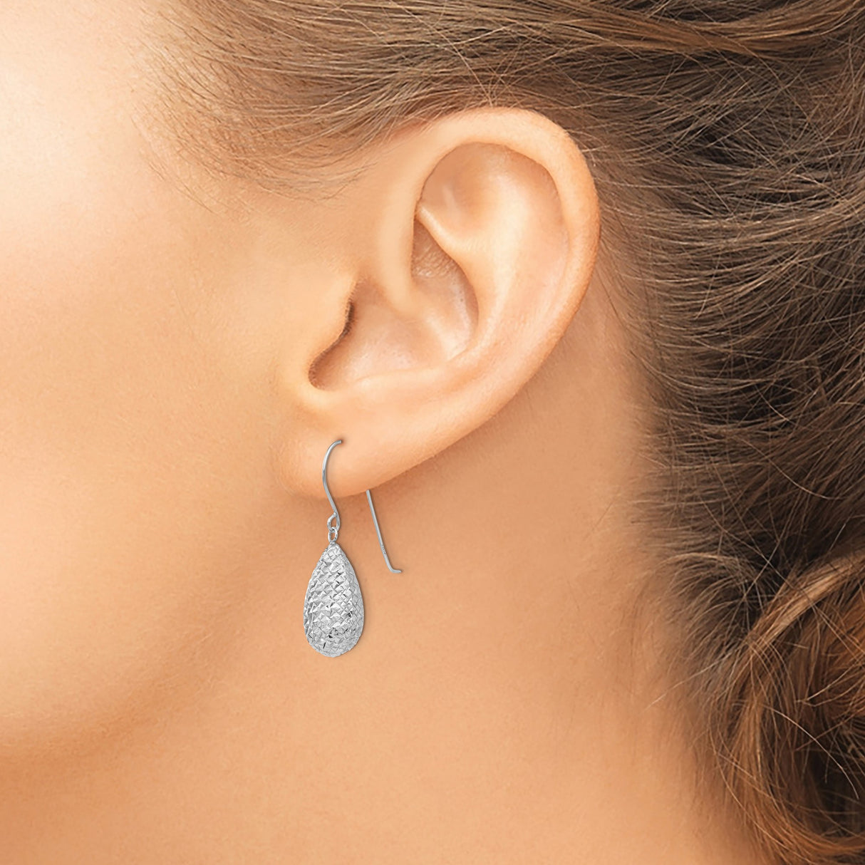 14k White Gold Teardrop Dangle Earrings with Diamond-Cut Texture and Polished Drop Design