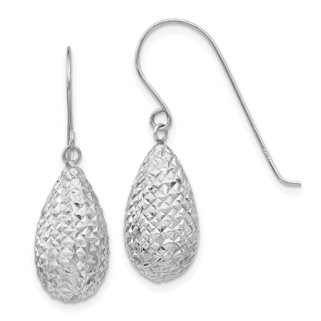 14k White Gold Teardrop Dangle Earrings with Diamond-Cut Texture and Polished Drop Design