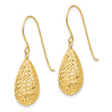 14k Yellow Gold Dangle Earrings, Textured Teardrop Drop with Diamond Cut Finish