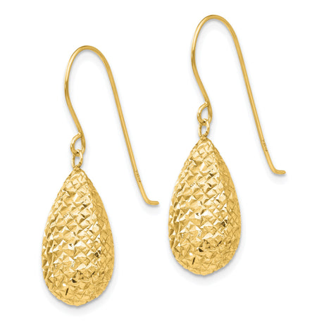 14k Yellow Gold Dangle Earrings, Textured Teardrop Drop with Diamond Cut Finish