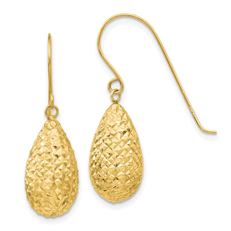 14k Yellow Gold Dangle Earrings, Textured Teardrop Drop with Diamond Cut Finish