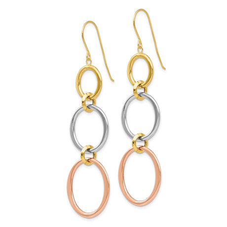 14k Tri-Color Gold Dangle Earrings with Interlocking Yellow, White, and Rose Gold Circles