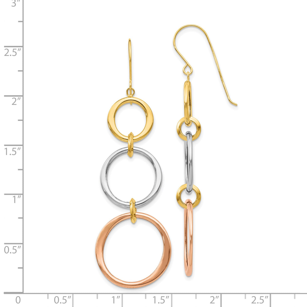 14k Tri-Color Gold Dangle Earrings with Interlocking Yellow, White, and Rose Gold Circles