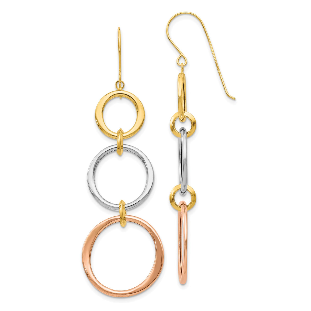 14k Tri-Color Gold Dangle Earrings with Interlocking Yellow, White, and Rose Gold Circles