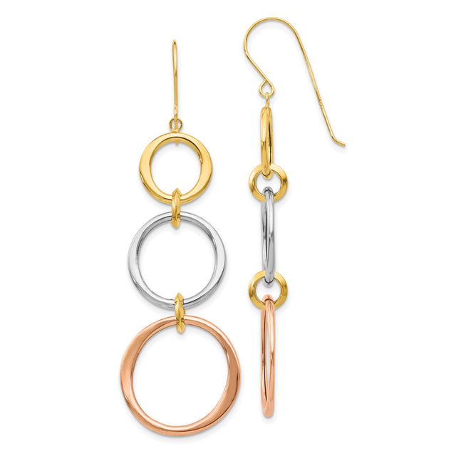 14k Tri-Color Gold Dangle Earrings with Interlocking Yellow, White, and Rose Gold Circles