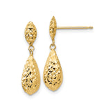 14k Yellow Gold Dangle Earrings, Textured Diamond Cut Teardrop Design for Women