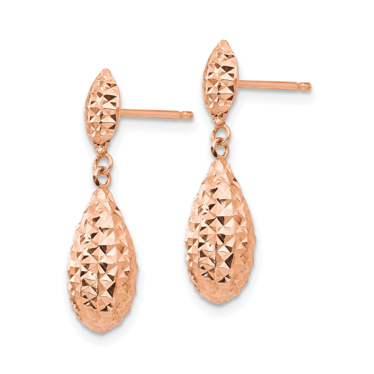 14k Rose Gold Dangle Earrings, Puff Teardrop Shape with Diamond Cut Texture, Lightweight Drop Design