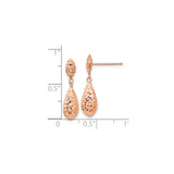 14k Rose Gold Dangle Earrings, Puff Teardrop Shape with Diamond Cut Texture, Lightweight Drop Design
