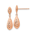14k Rose Gold Dangle Earrings, Puff Teardrop Shape with Diamond Cut Texture, Lightweight Drop Design