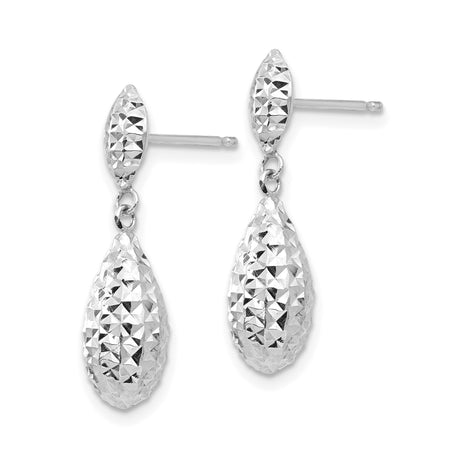 14k White Gold Dangle Earrings, Diamond Cut Teardrop Design, High Shine Drop Style for Women