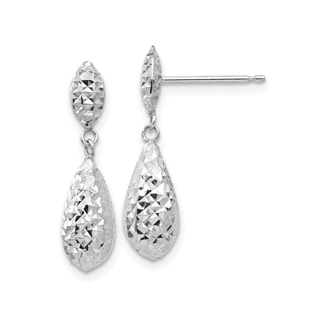 14k White Gold Dangle Earrings, Diamond Cut Teardrop Design, High Shine Drop Style for Women