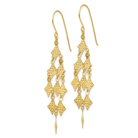 14k Yellow Gold Dangle Earrings, Cascading Chandelier with Textured Diamond Shape Drops