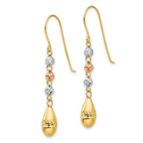 14k Tri-Color Gold Dangle Earrings with Teardrop Drops and Textured Beads for Women