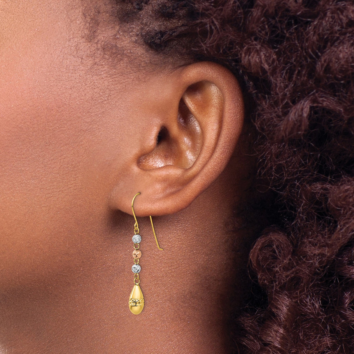 14k Tri-Color Gold Dangle Earrings with Teardrop Drops and Textured Beads for Women