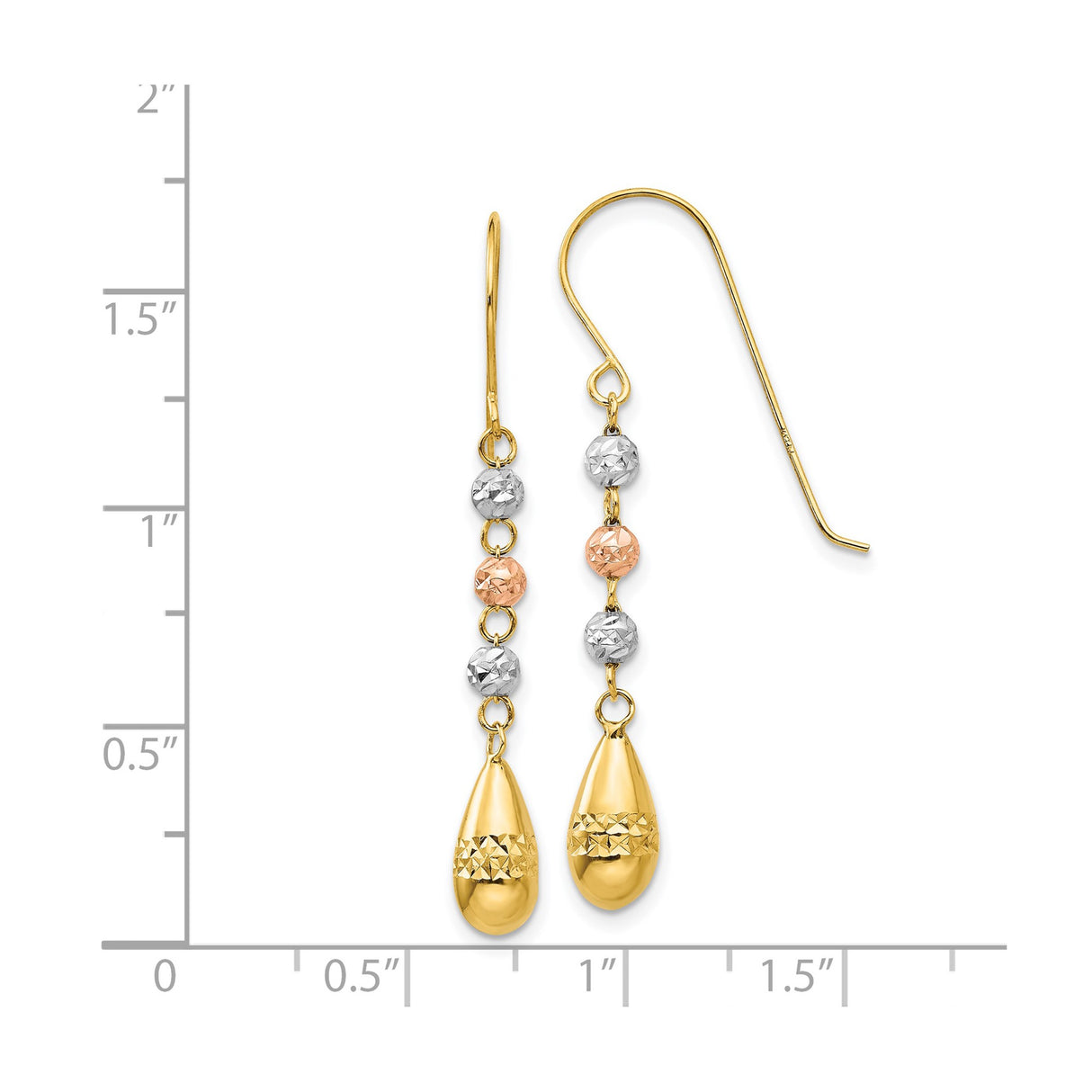 14k Tri-Color Gold Dangle Earrings with Teardrop Drops and Textured Beads for Women