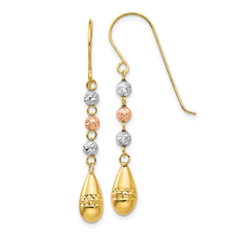 14k Tri-Color Gold Dangle Earrings with Teardrop Drops and Textured Beads for Women
