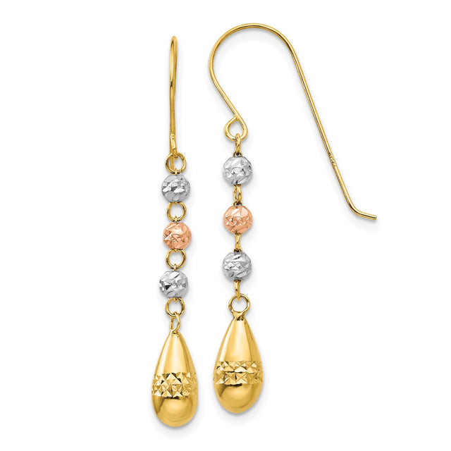14k Tri-Color Gold Dangle Earrings with Teardrop Drops and Textured Beads for Women