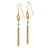 14k Two-Tone Gold Dangle Earrings with Textured Oval, Faceted Bead, and Tassels for Women