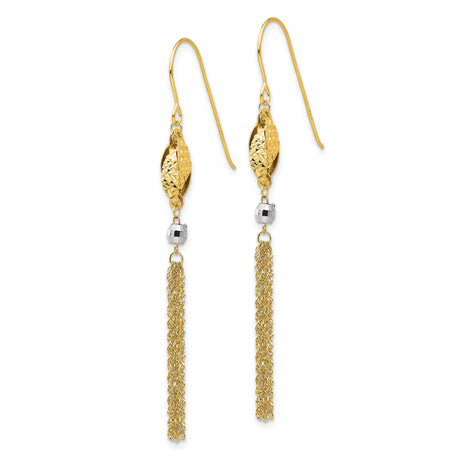 14k Two-Tone Gold Dangle Earrings with Textured Oval, Faceted Bead, and Tassels for Women