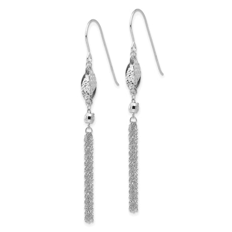 14k White Gold Dangle Drop Earrings with Textured Diamond Cut Fish Design and Chain Tassels