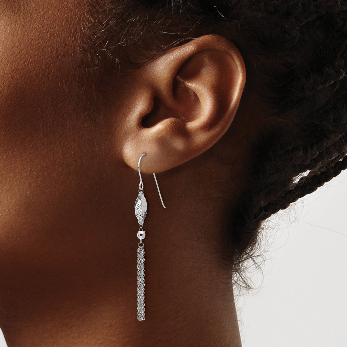 14k White Gold Dangle Drop Earrings with Textured Diamond Cut Fish Design and Chain Tassels