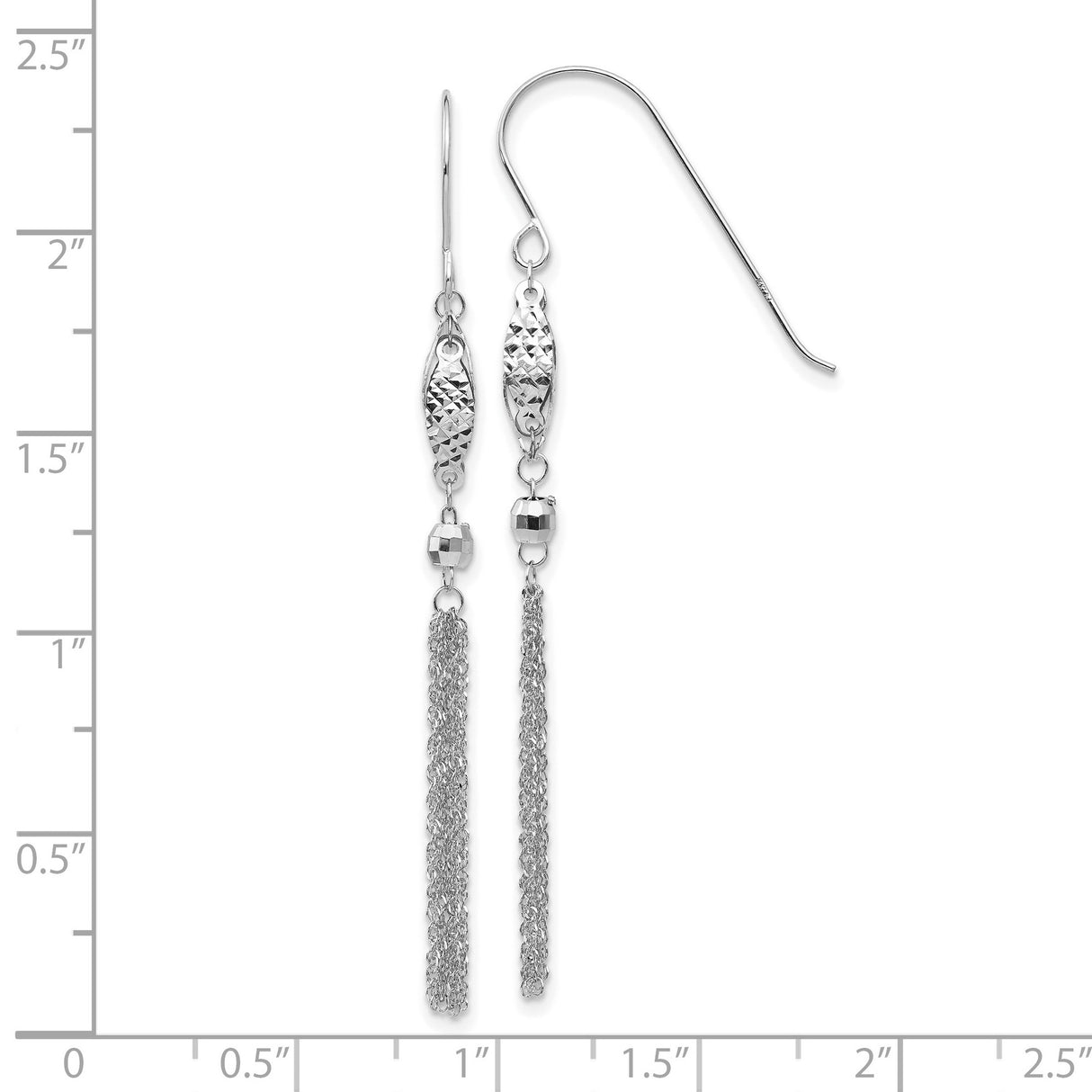 14k White Gold Dangle Drop Earrings with Textured Diamond Cut Fish Design and Chain Tassels