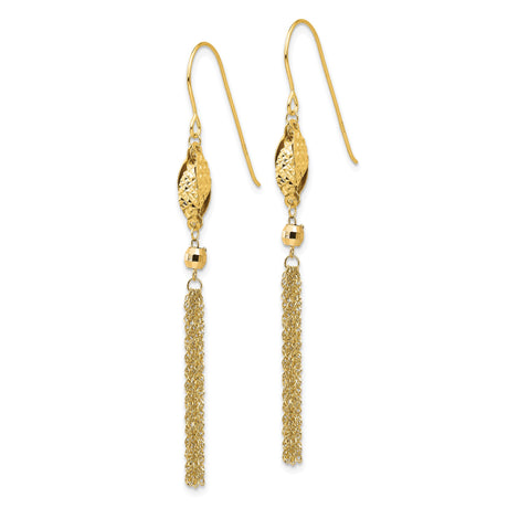 14k Yellow Gold Dangle Earrings with Textured Oval Accents and Multi-Strand Tassels