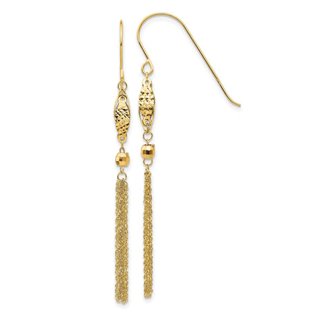 14k Yellow Gold Dangle Earrings with Textured Oval Accents and Multi-Strand Tassels