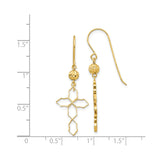 14k Yellow Gold Dangle Earrings with Openwork Cross and Faceted Bead Design