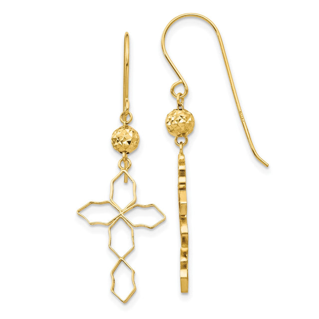 14k Yellow Gold Dangle Earrings with Openwork Cross and Faceted Bead Design