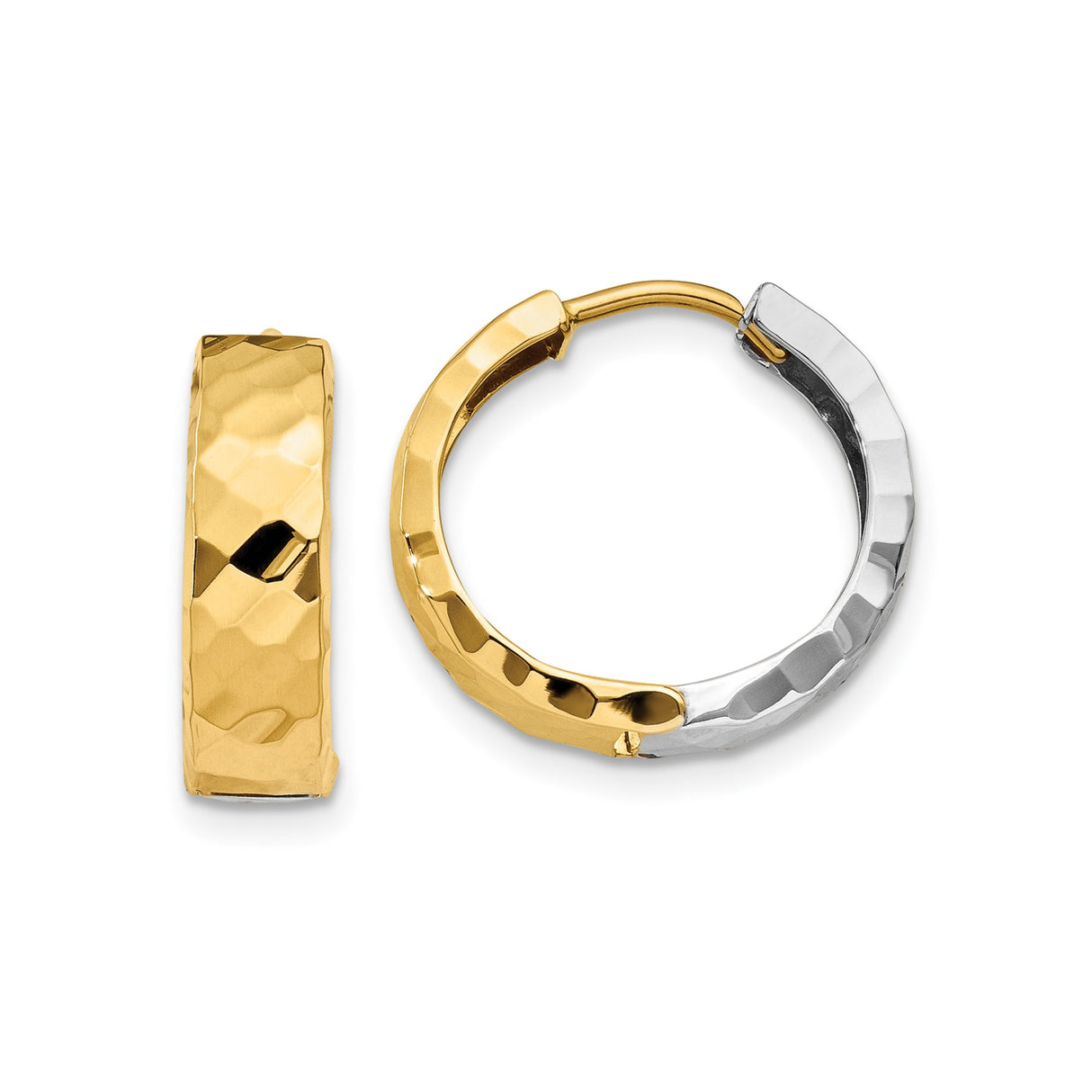 14k Two-Tone Gold Hoop Earrings with Hammered Finish, Modern Textured Design for Women