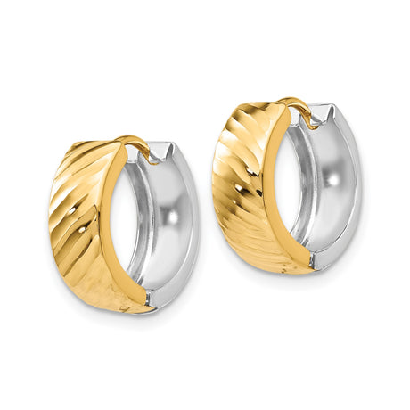 14k Two-Tone Gold Hoop Earrings, Textured Diagonal Pattern, Modern Lightweight Style