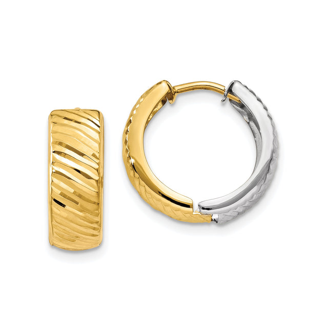 14k Two-Tone Gold Hoop Earrings, Textured Diagonal Pattern, Modern Lightweight Style