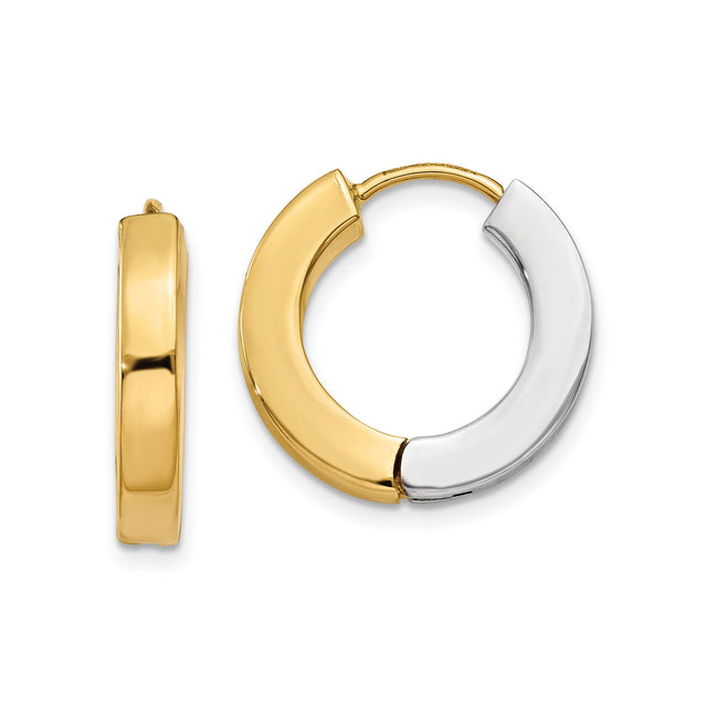 14k Two-Tone Gold Hoop Earrings, Polished Yellow and White Gold Hinged Hoops for Women