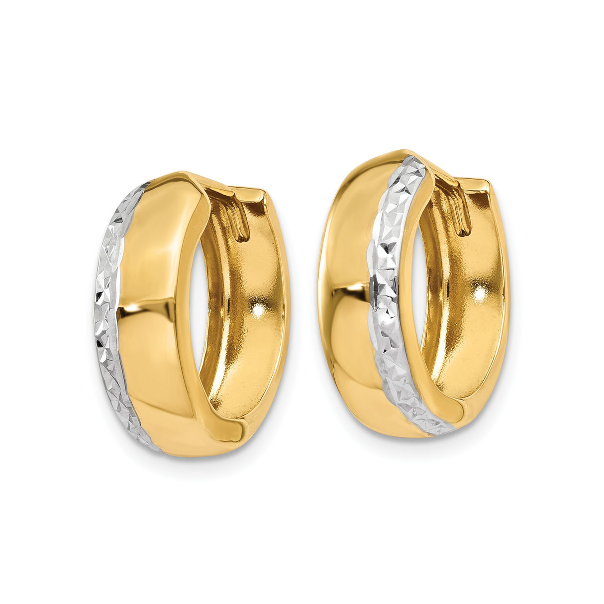 14k Yellow Gold Two Tone Hoop Earrings, Diamond Cut Rhodium Accent, Small Lightweight Design