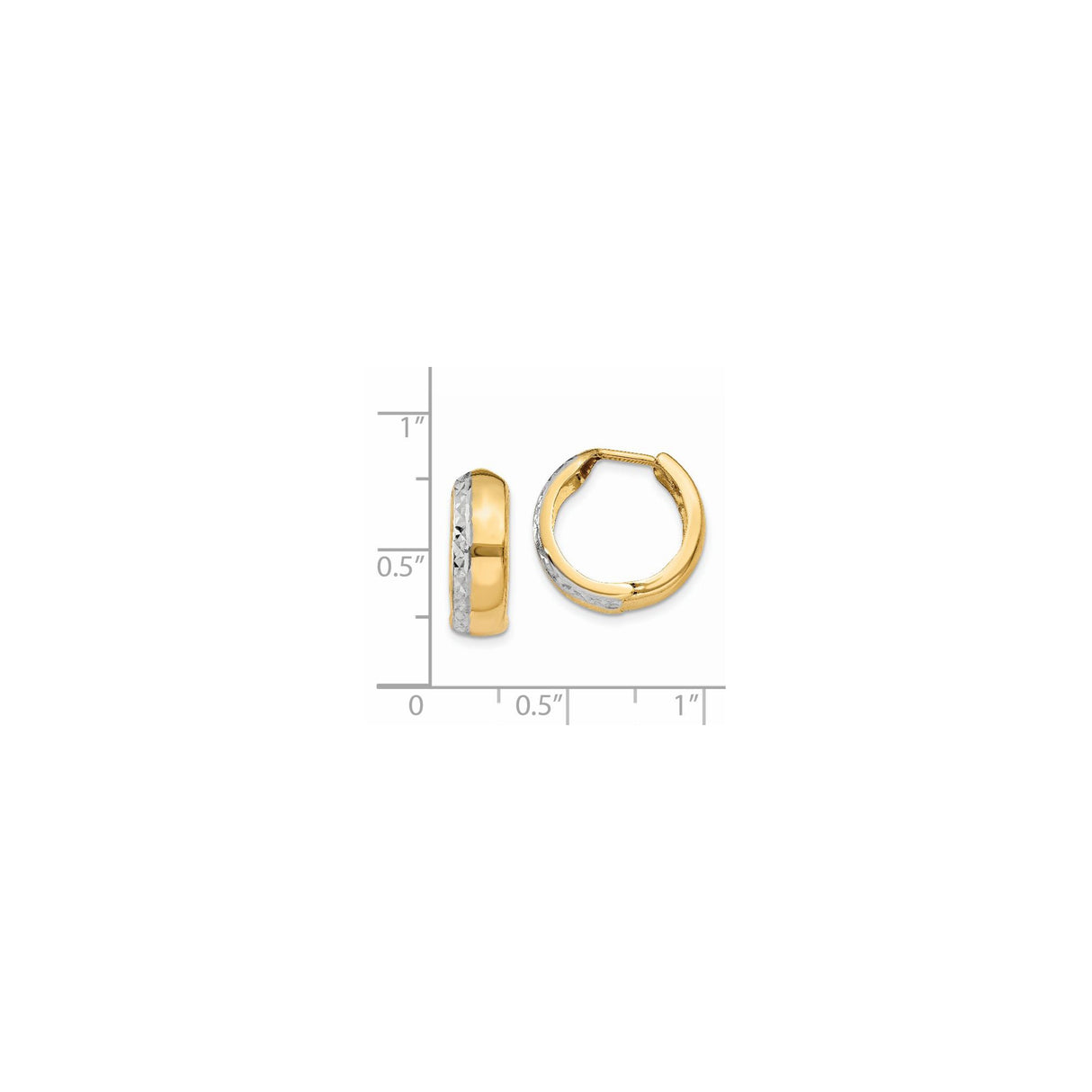 14k Yellow Gold Two Tone Hoop Earrings, Diamond Cut Rhodium Accent, Small Lightweight Design