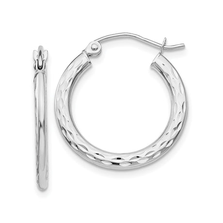 14k White Gold Hoop Earrings with Diamond Cut Textured Finish and Latch Back Closure