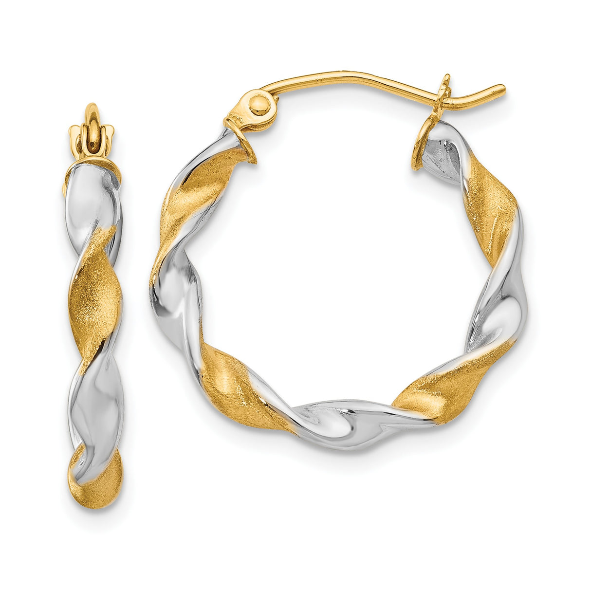 14k White and Yellow Gold Twisted Hoop Earrings, Two-Tone Polished and Textured Finish