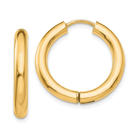 14k Yellow Gold Hoop Earrings, Smooth High-Polish Round Minimalist Design, Lightweight Hinged Closure