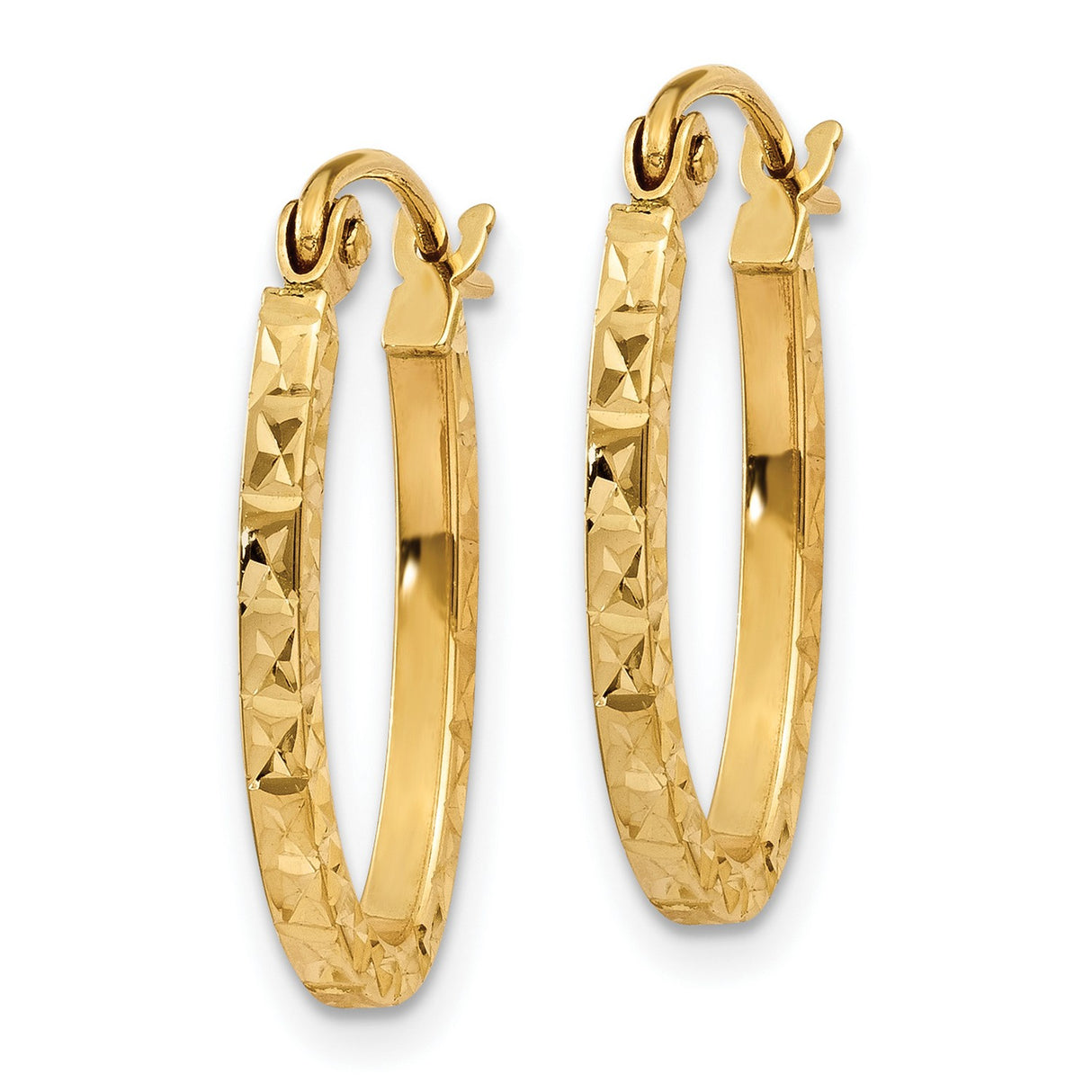 14k Yellow Gold Oval Hoop Earrings with Diamond Cut Texture, Lightweight Hinged Design