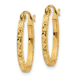 14k Yellow Gold Oval Hoop Earrings with Diamond Cut Texture, Lightweight Hinged Design
