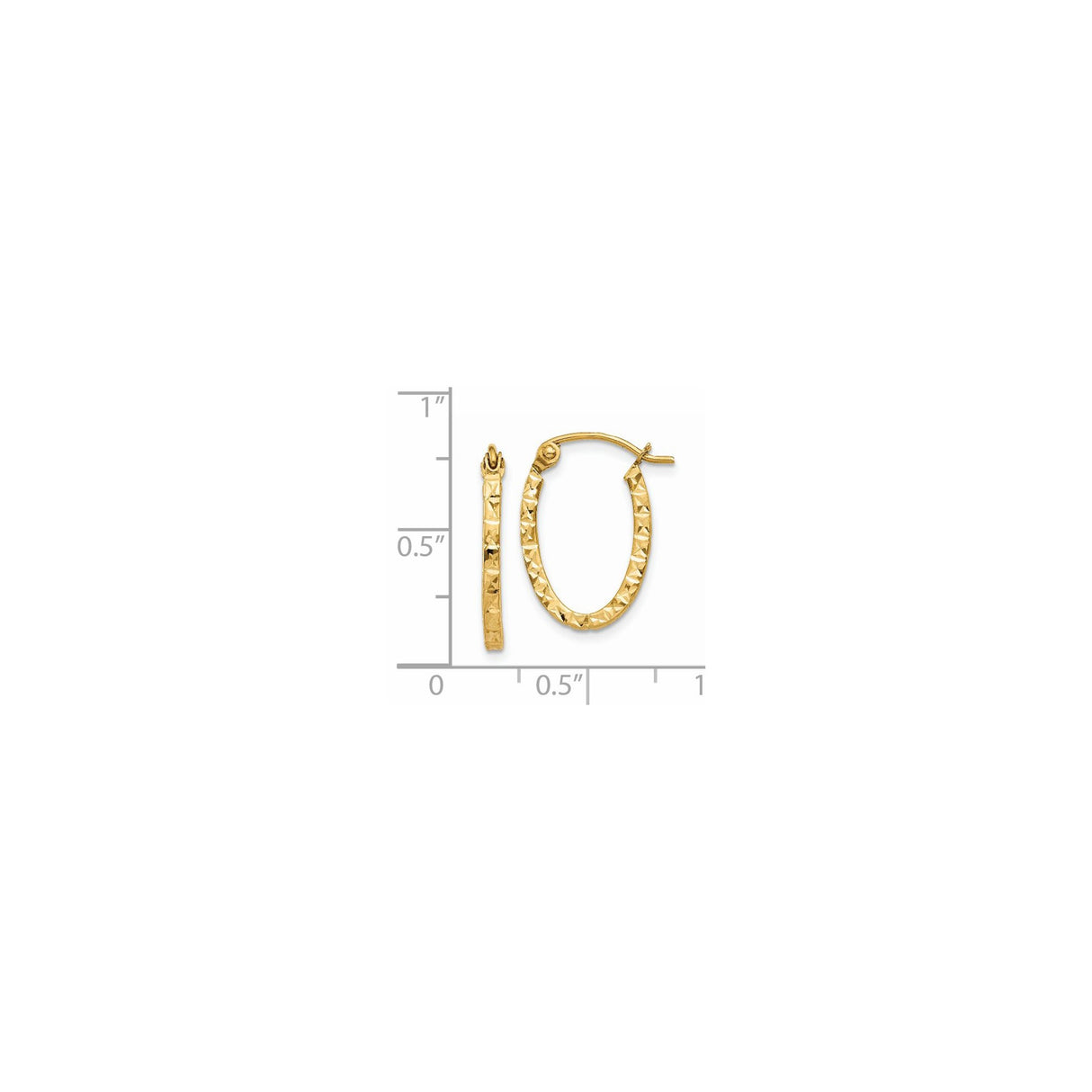 14k Yellow Gold Oval Hoop Earrings with Diamond Cut Texture, Lightweight Hinged Design