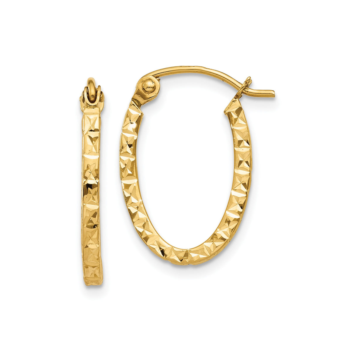 14k Yellow Gold Oval Hoop Earrings with Diamond Cut Texture, Lightweight Hinged Design