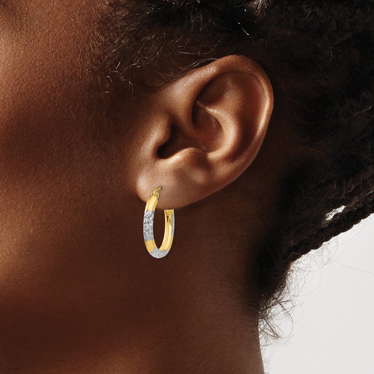 14k Yellow Gold Hoop Earrings, Diamond-Cut Two-Tone Oval with Textured Floral Design