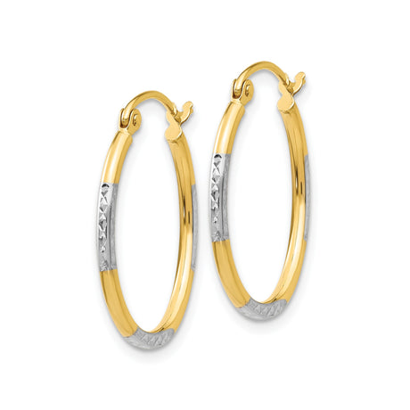 14k Yellow Gold Hoop Earrings, Two-Tone Rhodium Diamond Cut Polished Finish, Lightweight Design